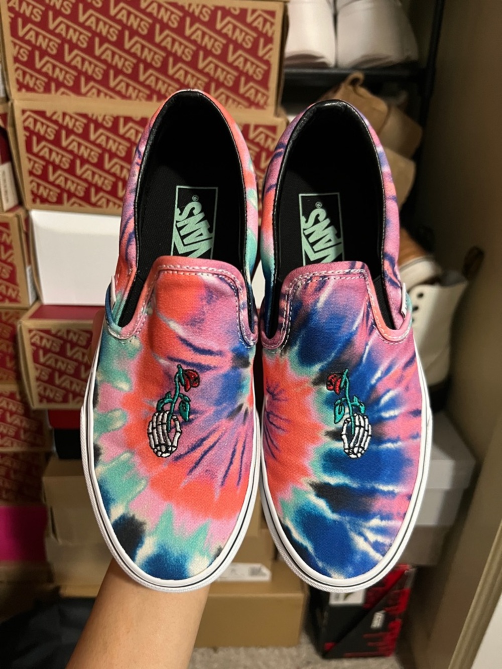 Vans Tie-Dye Slip-On Sneakers with Embroidered Rose and Skeleton Hand